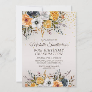 Yellow Navy Blue Floral Glitter 90th Birthday Invitation