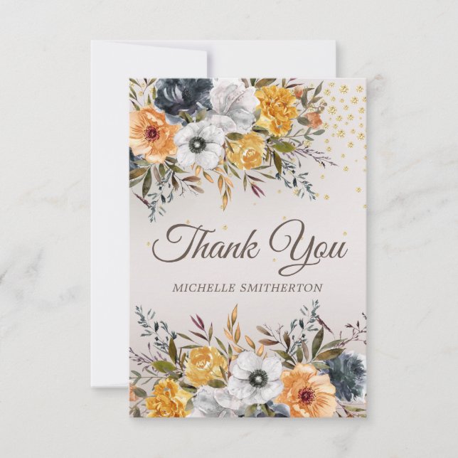Yellow Navy Blue Floral Glitter Birthday  Thank You Card (Front)