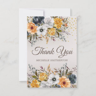 Yellow Navy Blue Floral Glitter Birthday  Thank You Card