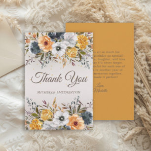 Yellow Navy Blue Floral Glitter Birthday  Thank You Card