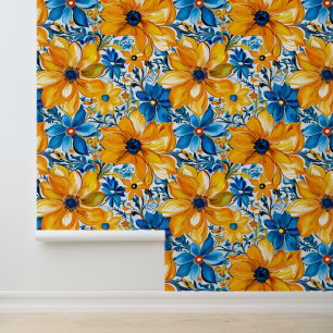 Yellow Navy Blue Floral Pattern Colourful Boho Chi Wallpaper