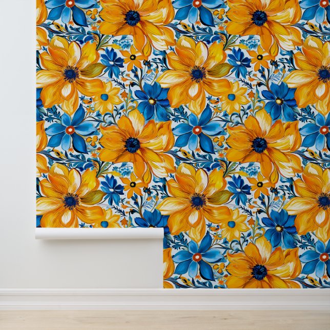 Yellow Navy Blue Floral Pattern Colourful Boho Chi Wallpaper (Application)