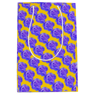 Yellow Navy Blue Floral Patterns Flowers Roses Medium Gift Bag