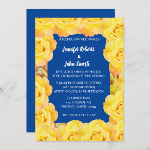 Yellow Navy Blue Floral Rose Cool QR Code Wedding Invitation