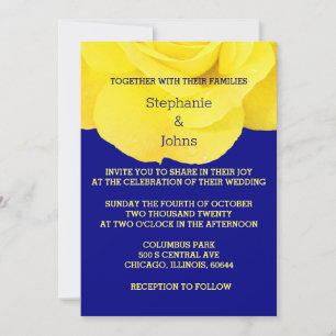 Yellow Navy Blue Floral Rose Elegant Cool Wedding Invitation