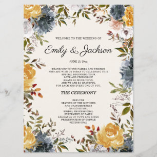 Yellow Navy Blue Floral Wedding Program  Programme