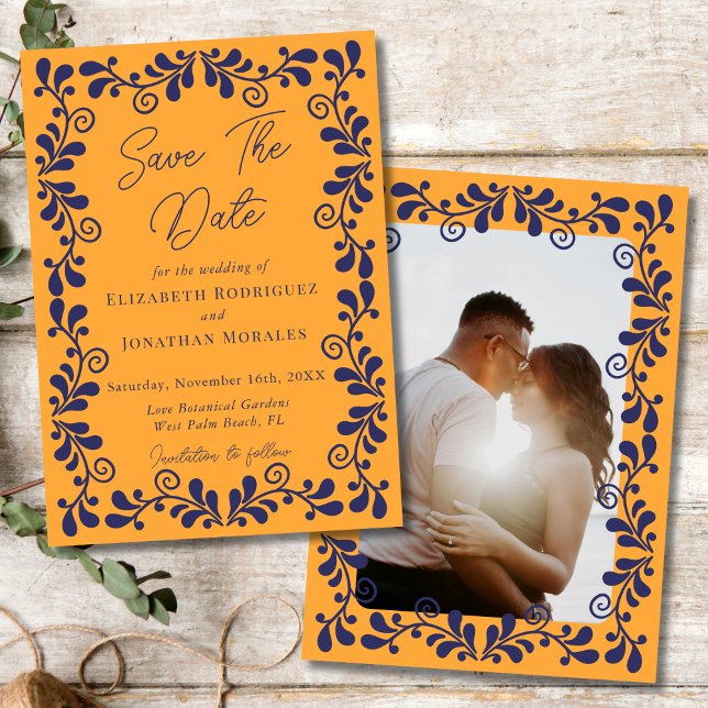 Yellow Navy Blue Mexican Fiesta Talavera Photo Save The Date (Creator Uploaded)