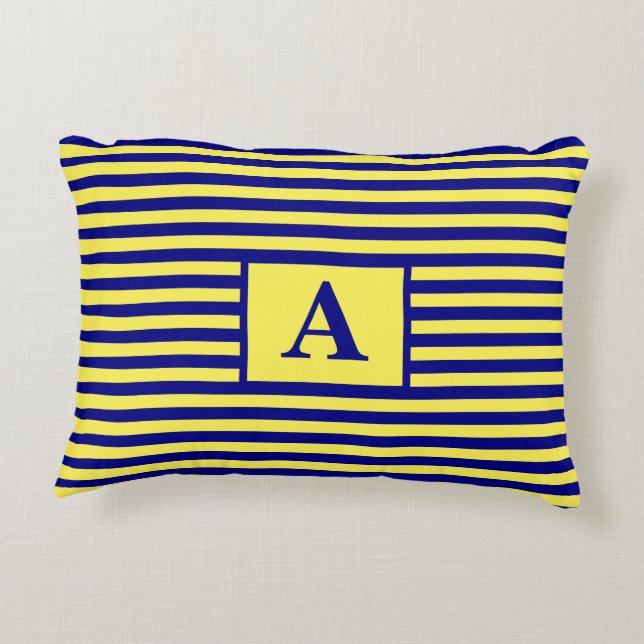 Yellow Navy Blue Nautical Monograms Stripes Cute Decorative Cushion (Back)