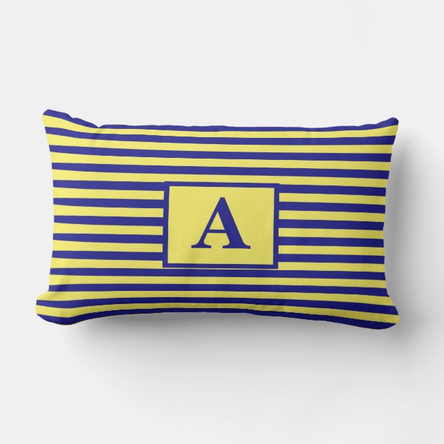 Yellow Navy Blue Nautical Monograms Stripes Cute Lumbar Cushion (Front)