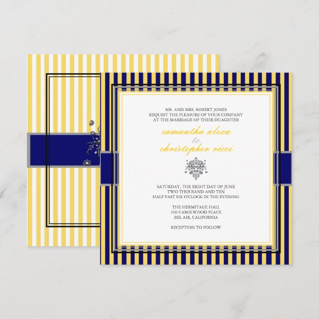 YELLOW+NAVY BLUE STRIPS WEDDING INVITATIONS (Front/Back)