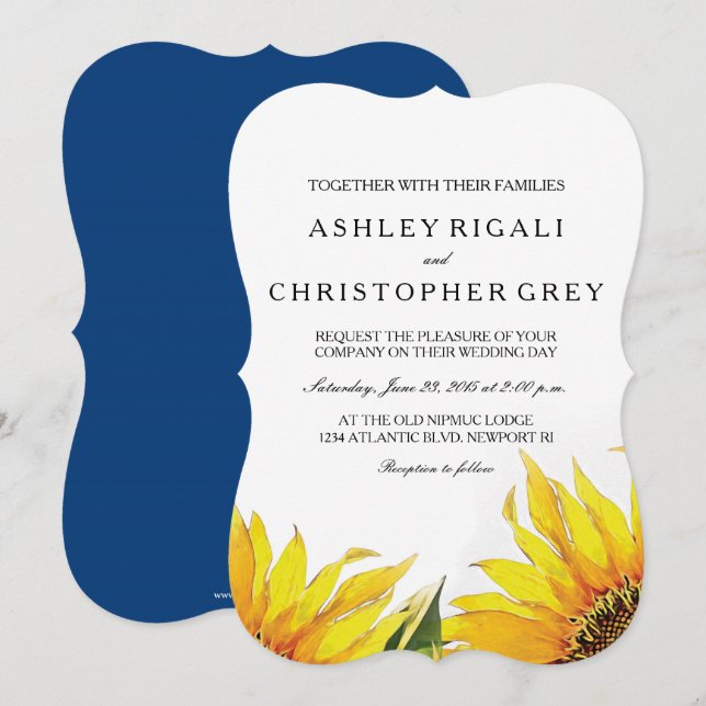 Yellow & Navy Blue Sunflower Wedding Invite (Front/Back)