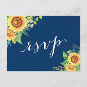 Yellow Navy Blue Sunflowers Rustic Wedding RSVP Invitation Postcard
