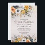 Yellow Navy Blue White Floral 30th Birthday Invitation<br><div class="desc">Pretty mustard yellow,  white,  and navy blue watercolor floral with gold glitter on a tan 30th birthday party invitation for women.  Contact me for help with customisation or to request matching or coordinating Zazzle products.</div>