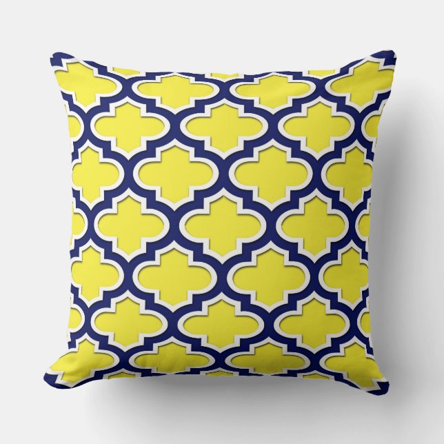 Yellow Navy Blue White Moroccan Quatrefoil #3DS Cushion (Front)