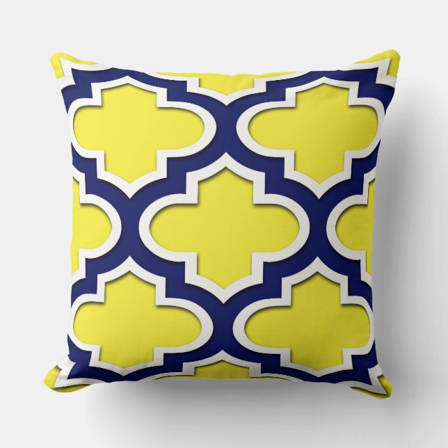 Yellow, Navy Blue, Wht Lg Moroccan Quatrefoil #3DS Cushion (Front)