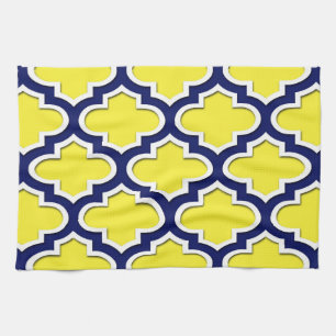 Yellow, Navy Blue, Wht Lg Moroccan Quatrefoil #3DS Tea Towel