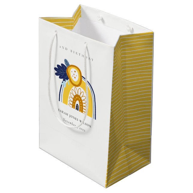 Yellow Navy Boho Floral Rainbow Any Age Birthday Medium Gift Bag (Back Angled)