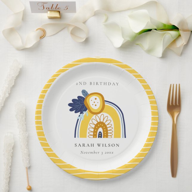 Yellow Navy Boho Floral Rainbow Any Age Birthday Paper Plate (Wedding)