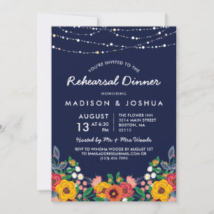 Yellow Navy Boho Florals Stringlights Rehearsal Invitation