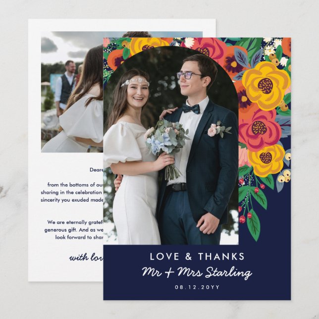 Yellow Navy Boho Flowers Arch Wedding Photo Thank You Card (Front/Back)