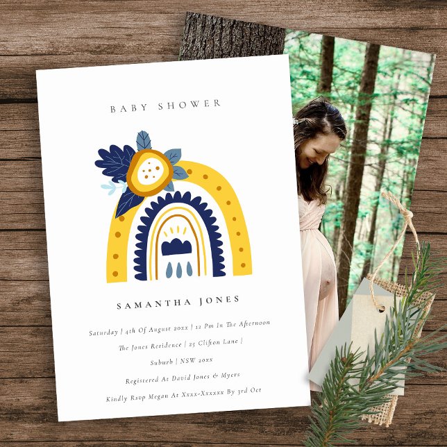 Yellow Navy Flora Rainbow Photo Baby Shower Invite (Creator Uploaded)