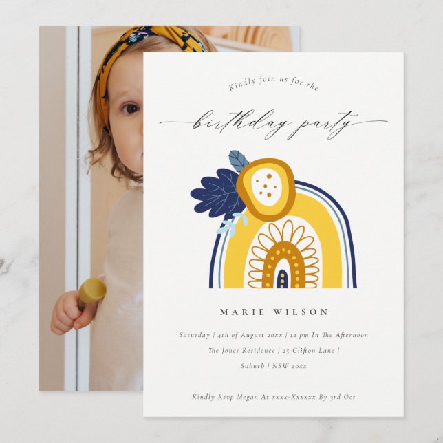 Yellow Navy Floral Photo Rainbow Birthday Invite (Front/Back)