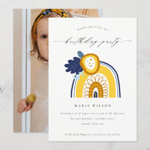 Yellow Navy Floral Photo Rainbow Birthday Invite