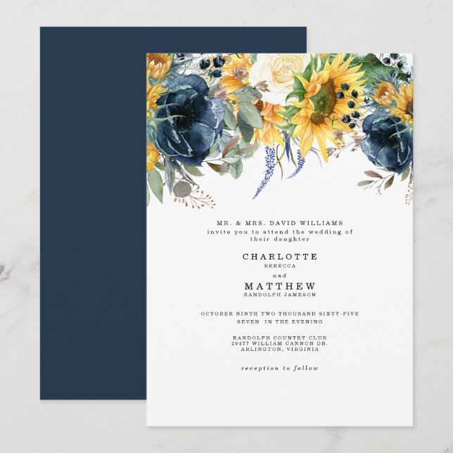 Yellow & Navy Floral Wedding Invitation (Front/Back)