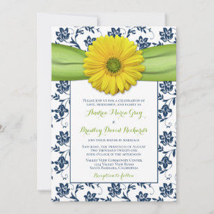 Yellow, Navy, Green Damask Wedding Invitation