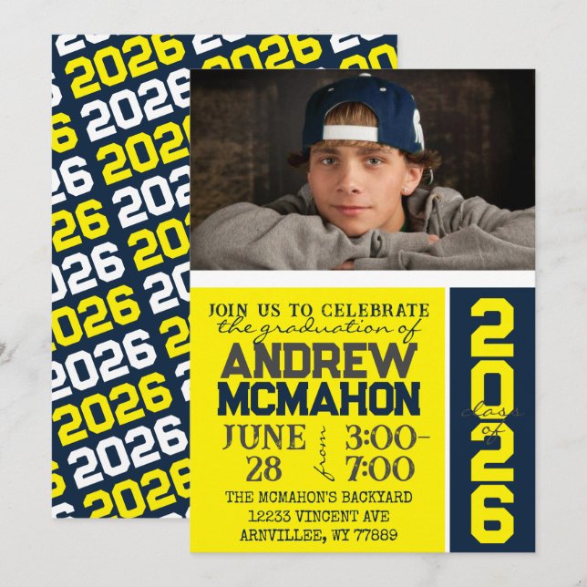 Yellow & Navy Modern Graduation Photo Invitation (Front/Back)