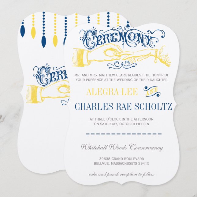 Yellow Navy Modern Vintage Typography Invite (Front/Back)