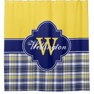 Yellow Navy Pink Madras Plaid 1ICB Ribbon Name Shower Curtain