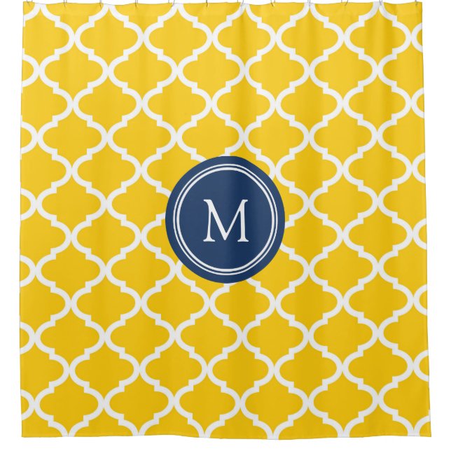 Yellow Navy Quatrefoil Monogram Shower Curtain (Front)