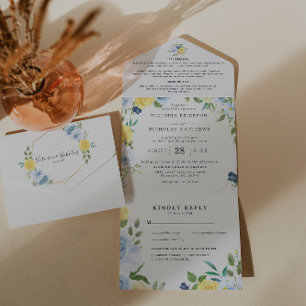 Yellow & Navy Summer Floral   Wedding All In One Invitation