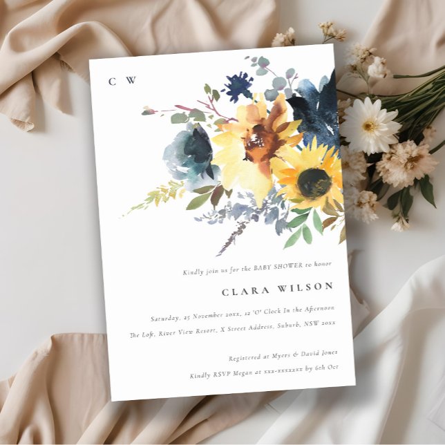 Yellow Navy Sunflower Floral Baby Shower Invitation (Creator Uploaded)