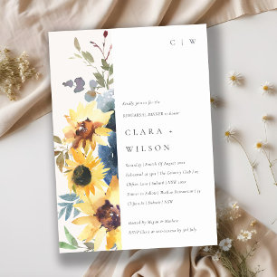 Yellow Navy Sunflower Floral Rehearsal Dinner Invitation