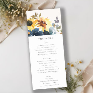 Yellow Navy Sunflower Floral Wedding Menu Card