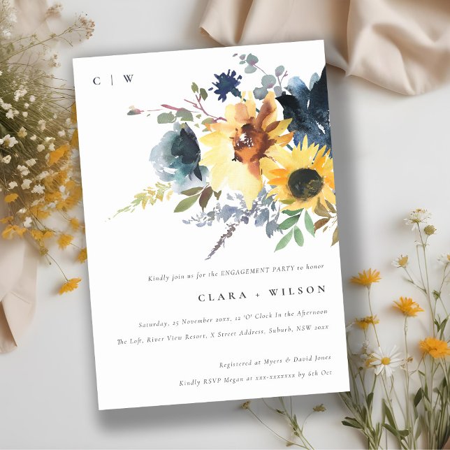 Yellow Navy Sunflower Watercolor Floral Engagement Invitation (Creator Uploaded)