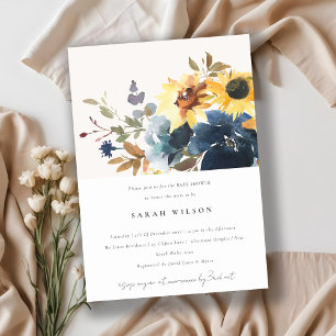 Yellow Navy Sunflowers Floral Baby Shower Invitation