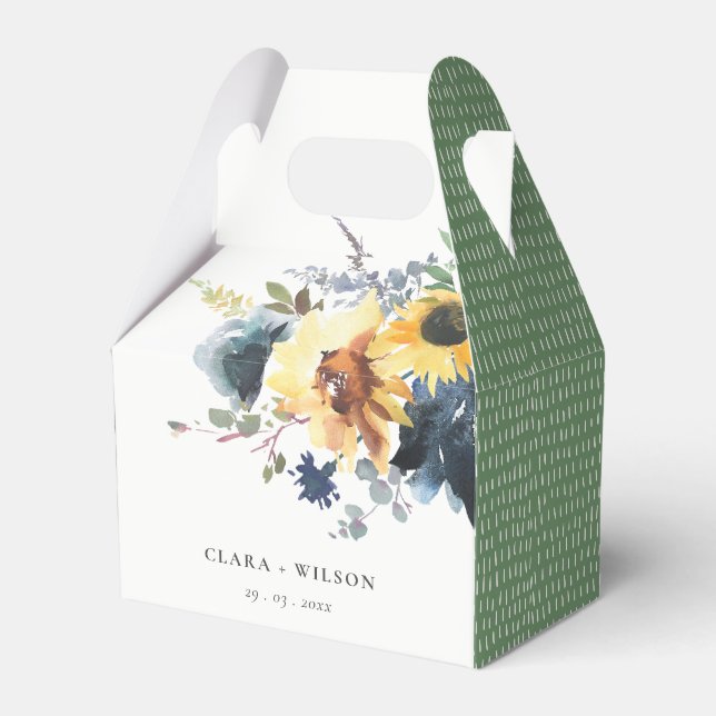 Yellow Navy Sunflowers Watercolor Floral Wedding Favour Box (Front Side)