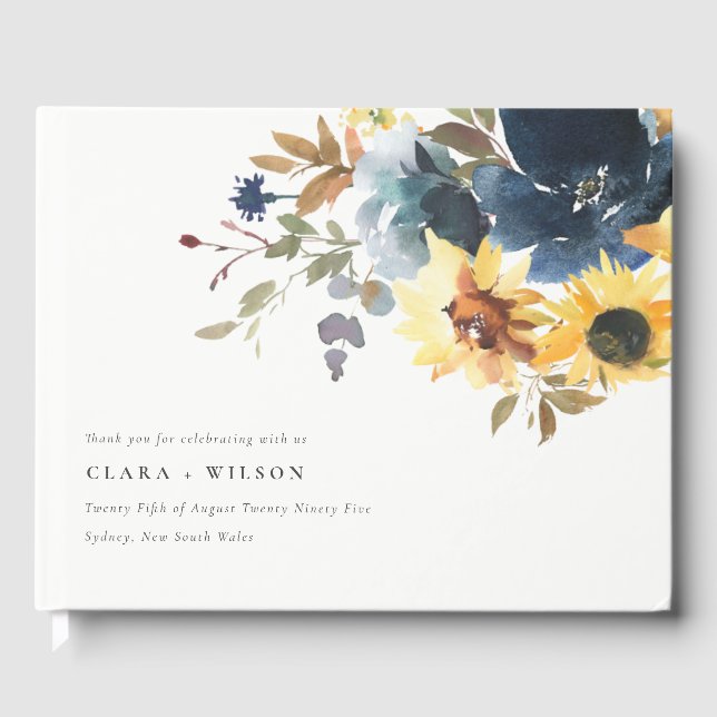 Yellow Navy Sunflowers Watercolor Floral Wedding Guest Book (Front)