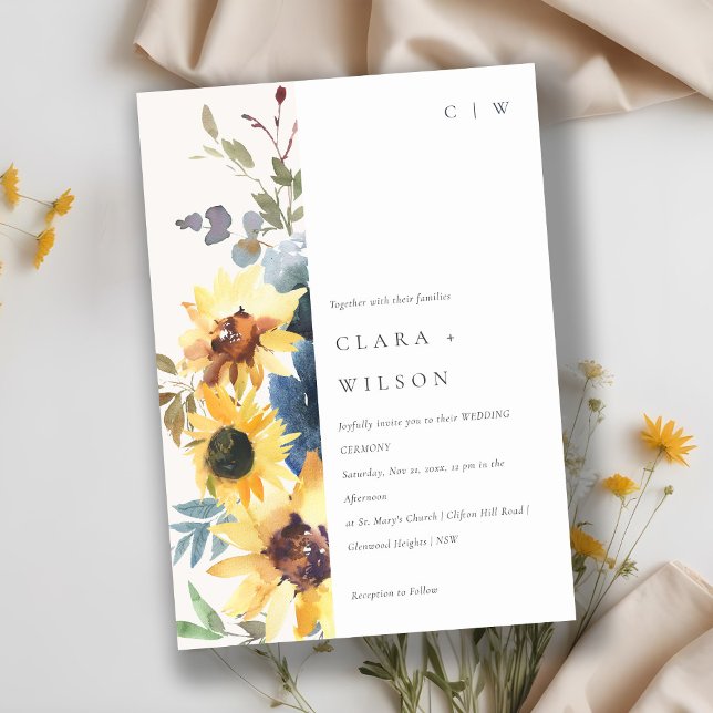 Yellow Navy Sunflowers Watercolor Floral Wedding Invitation (Creator Uploaded)