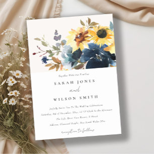 Yellow Navy Sunflowers Watercolor Floral Wedding Invitation