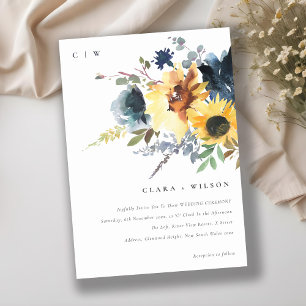 Yellow Navy Sunflowers Watercolor Floral Wedding Invitation