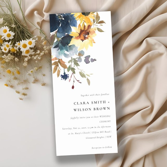 Yellow Navy Sunflowers Watercolor Floral Wedding Invitation (Creator Uploaded)