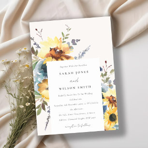 Yellow Navy Sunflowers Watercolor Floral Wedding Invitation