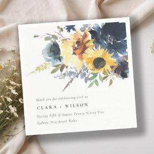Yellow Navy Sunflowers Watercolor Floral Wedding Napkin