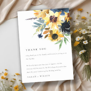 Yellow Navy Sunflowers Watercolor Floral Wedding Thank You Card