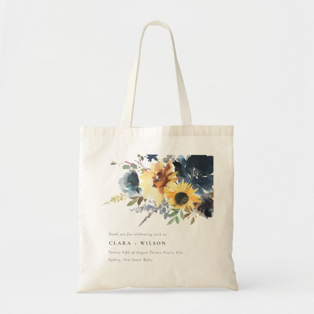 Yellow Navy Sunflowers Watercolor Floral Wedding Tote Bag (Front)