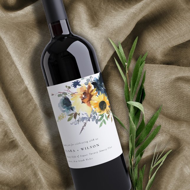 Yellow Navy Sunflowers Watercolor Floral Wedding Wine Label (Creator Uploaded)